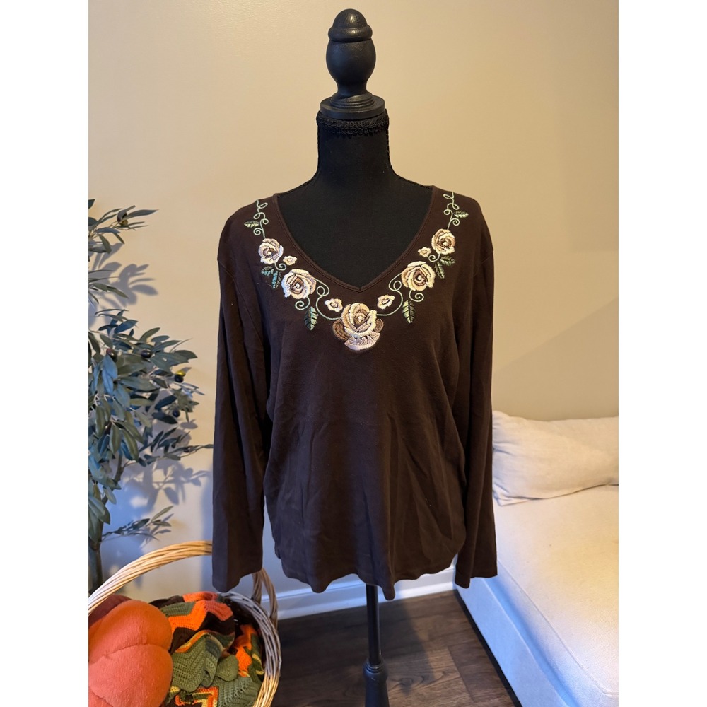 Karen Scott Brown Embroidered Floral Rose V-Neck Long Sleeve Cotton Top XL